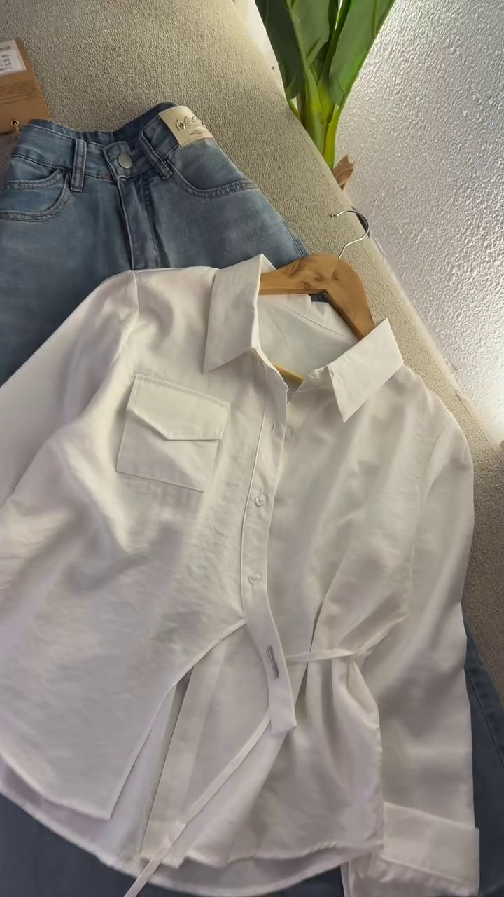 chic wrap tie white shirt & denim set – minimal, classy chic wrap tie white shirt & denim set – minimal, classy