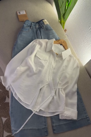 chic wrap tie white shirt & denim set – minimal, classy