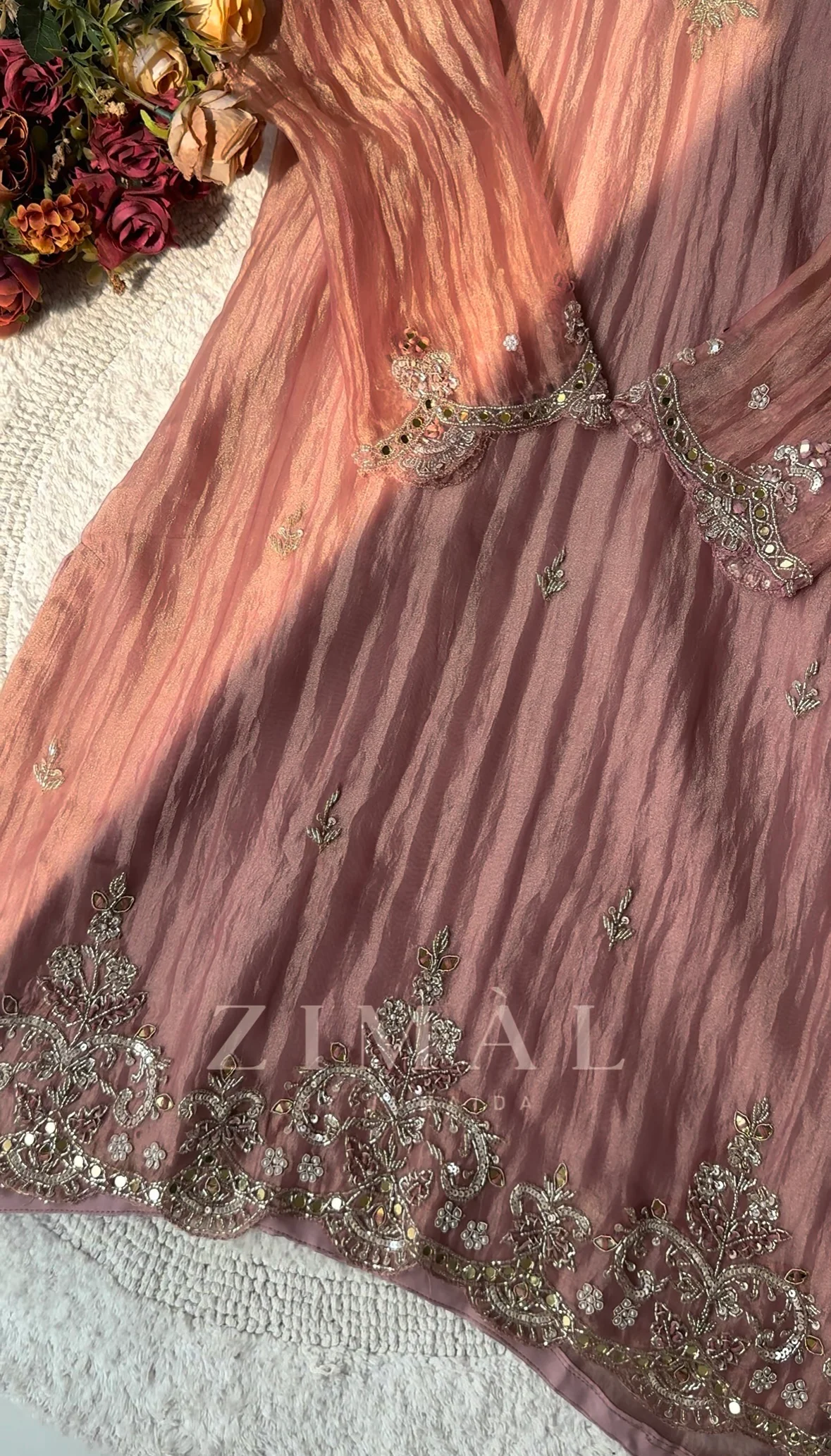 crushed tissue silk hand work straight cut top with crushed tissue palazzo bottom crushed tissue silk hand work straight cut top with crushed tissue palazzo bottom