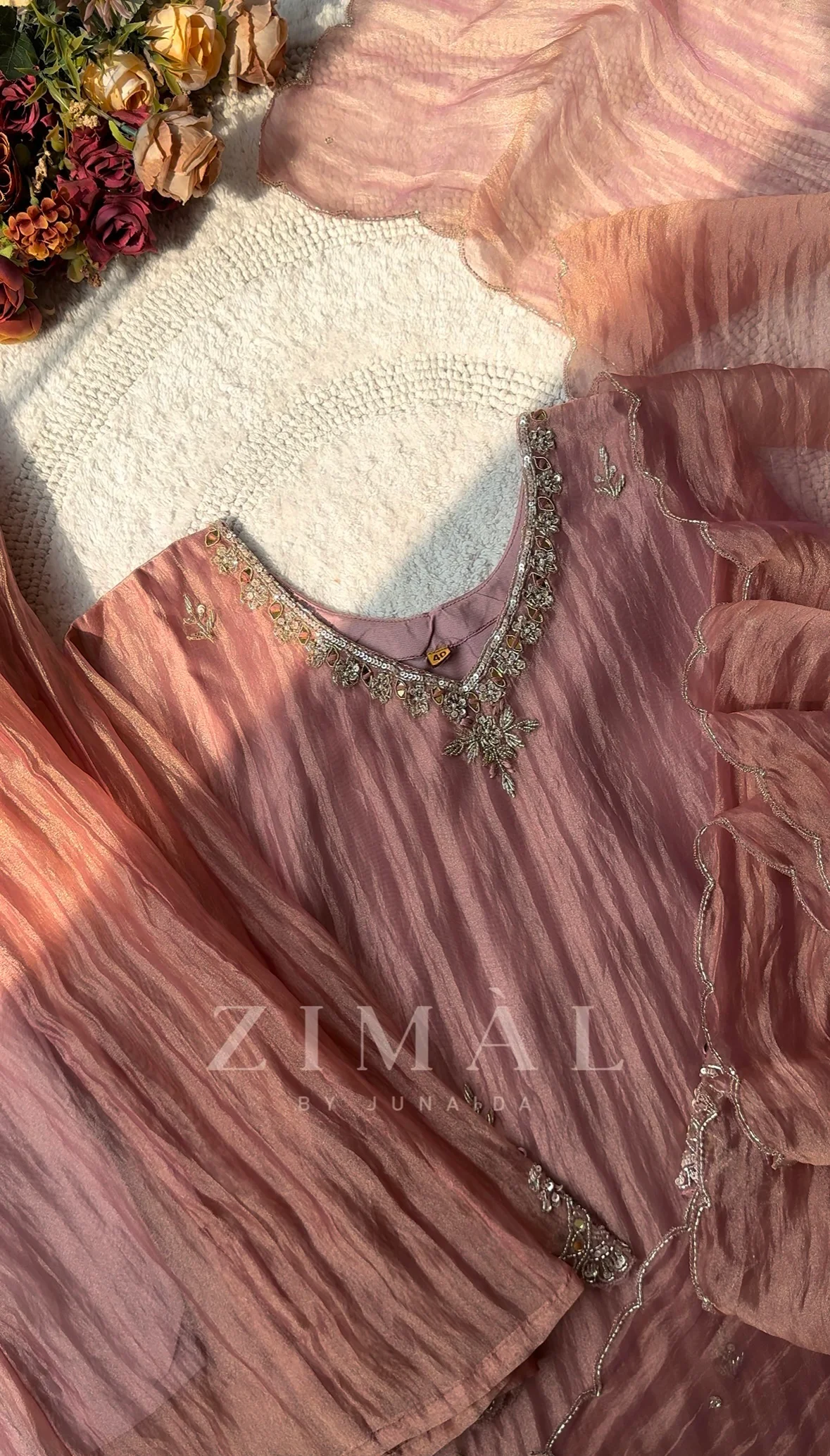 crushed tissue silk hand work straight cut top with crushed tissue palazzo bottom crushed tissue silk hand work straight cut top with crushed tissue palazzo bottom