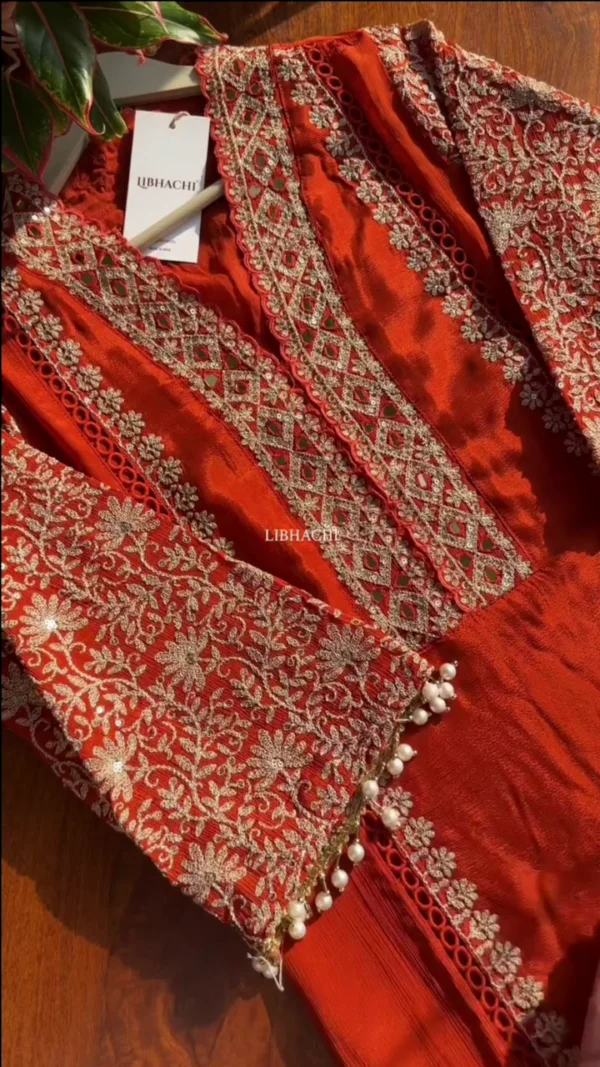 dark orange chinon heavy embroidered & pearl work dark orange chinon heavy embroidered & pearl work