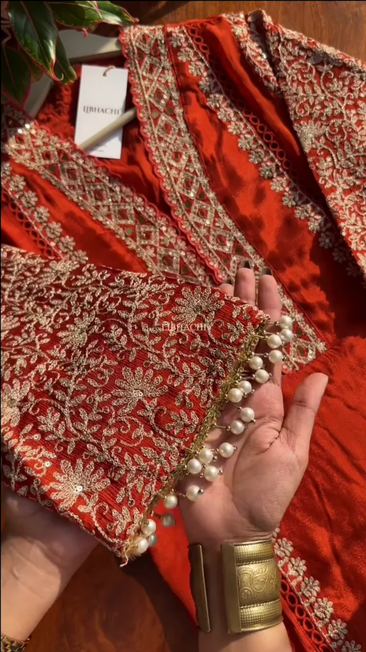 dark orange chinon heavy embroidered & pearl work dark orange chinon heavy embroidered & pearl work