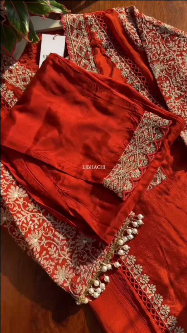 dark orange chinon heavy embroidered & pearl work dark orange chinon heavy embroidered & pearl work