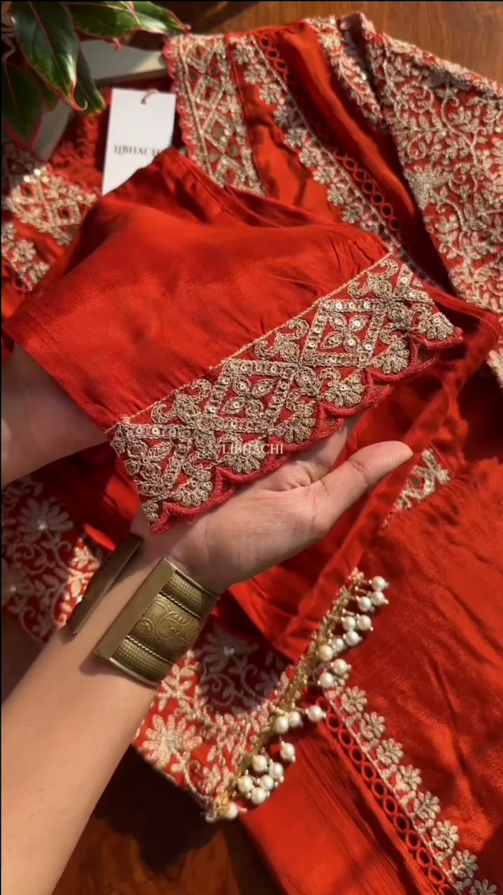 dark orange chinon heavy embroidered & pearl work dark orange chinon heavy embroidered & pearl work