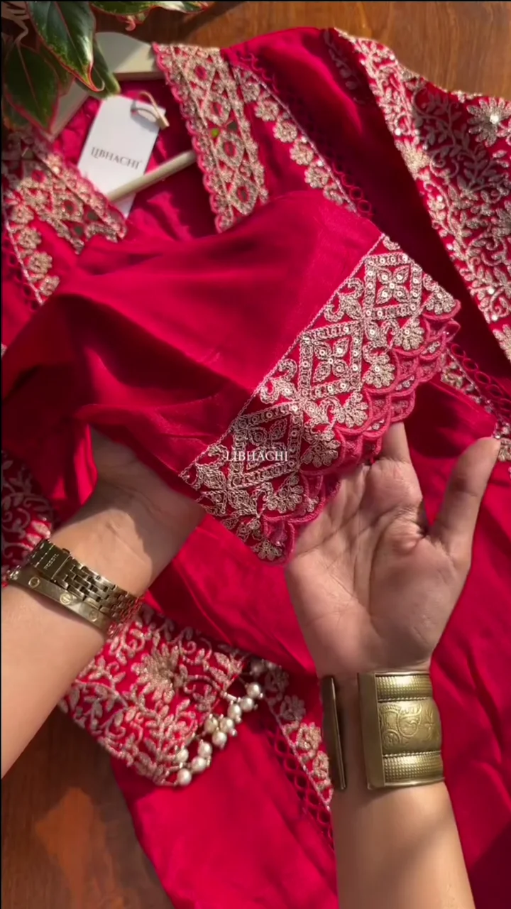 dark pink chinon heavy embroidered & pearl work dark pink chinon heavy embroidered & pearl work